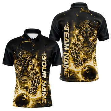 Maxcorners Custom Yellow Flaming Leopard Men Bowling Shirts, Fire Bowling Team Shirt Bowler Uniform LM2602
