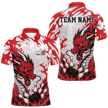 Maxcorners Custom Red Flame Dragon Bowling Team Men Polo Shirts, Bowling Tournament Shirt LM1705