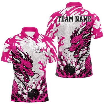 Maxcorners Custom Pink Flame Dragon Bowling Team Men Polo Shirts, Bowling Tournament Shirt LM1705