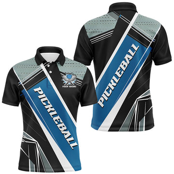 Maxcorners Black And Blue Personalized Pickleball Jerseys For Men, Pickleball Polo Shirts Uniform