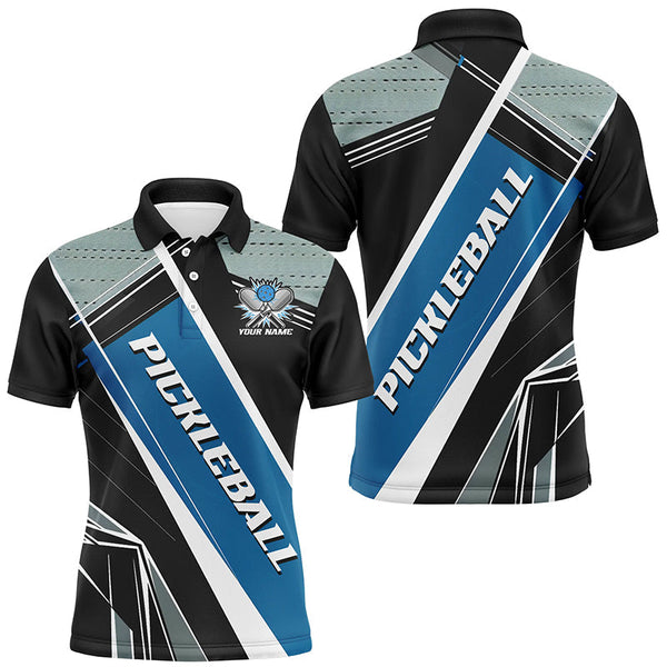 Maxcorners Black And Blue Personalized Pickleball Jerseys For Men, Pickleball Polo Shirts Uniform