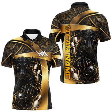 Maxcorners Custom Black And Gold Tribal Pattern Black Panther Bowling Team Men Polo Shirt LM1307