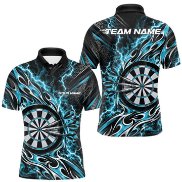 Maxcorners Custom Black And Turquoise Flame And Lightning Dart Team Polo Shirt For Men, Dart Jersey LM1910