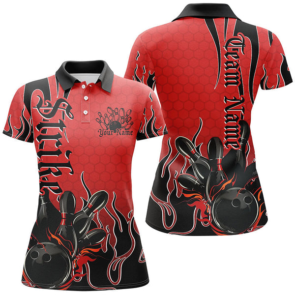 Maxcorners Black And Red Custom Tribal Flame Bowling Shirts For Men, Bowling Team Shirt Bowler Jersey