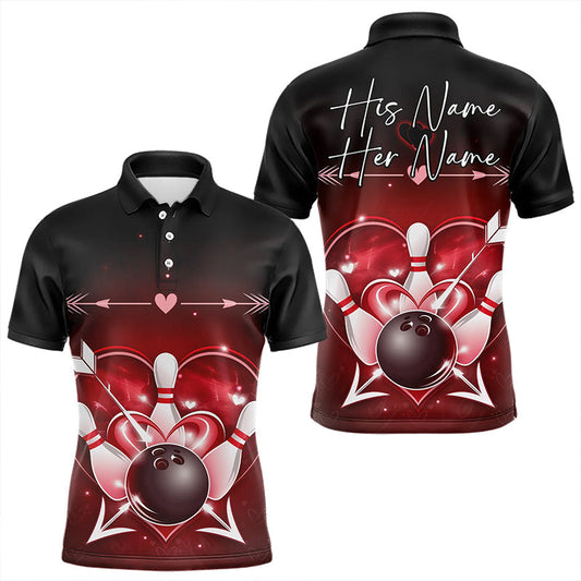 Maxcorners Custom Valentine Bowling Heart Polo Shirts For Men And Women Couple Bowling Outfits