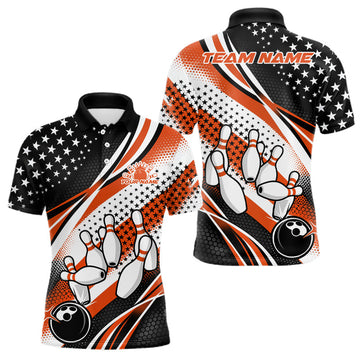 Maxcorners Custom Black And Orange American Flag Patriotic Bowling Shirts, US Flag Bowling League Shirt Bowlers Outfit LM1501