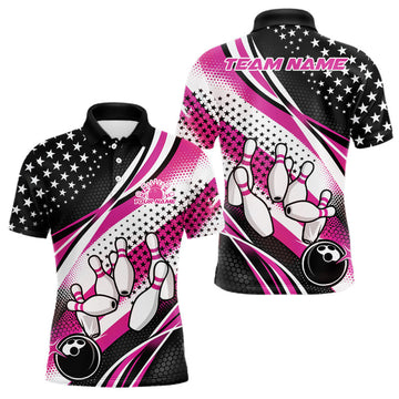 Maxcorners Custom Black And Pink American Flag Patriotic Bowling Shirts, US Flag Bowling League Shirt Bowlers Outfit LM1501