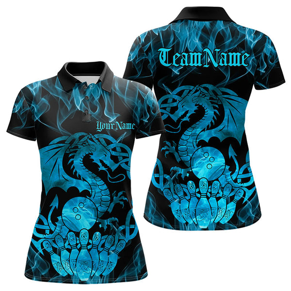 Maxcorners Custom Blue Fire Flame Viking Dragon Bowling Polo Team Shirts For Men, Celtic Bowling Shirt LM113