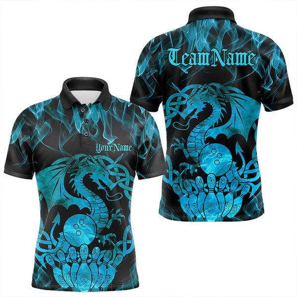 Maxcorners Custom Blue Fire Flame Viking Dragon Bowling Polo Team Shirts For Men, Celtic Bowling Shirt LM113