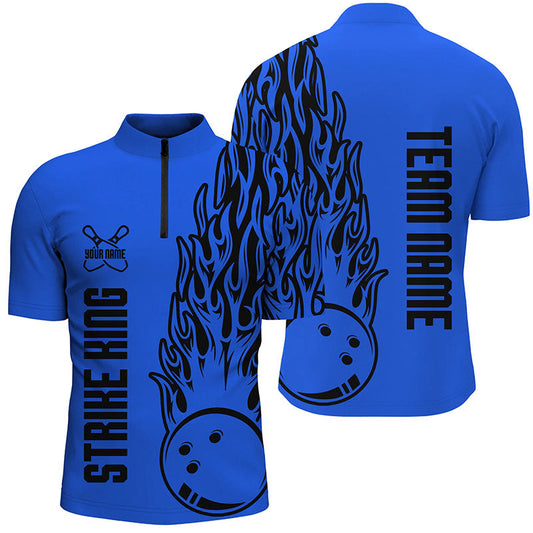 MaxCorners Bowling Ball And Pins Strike King Flaming Multicolor Option Customized Name, Team Name 3D Stand Collar Zipper Polo Shirt