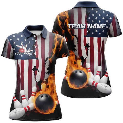 Maxcorners Flaming Bowling Ball Custom Patriotic  Bowling Jersey Customized Name, Team Name 3D Shirt