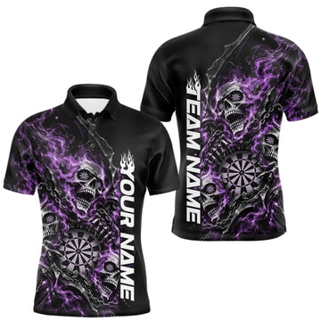 Maxcorners Custom Purple Flame Skull Dart Team Men Polo Shirt, Dart Halloween Outfit LM1910