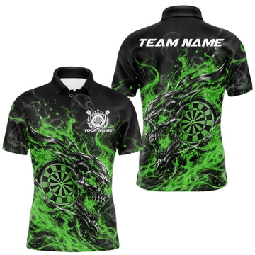 Maxcorners Custom Green Flame Skull Dart Jersey, Halloween Dart Team Men Polo Shirt LM1910