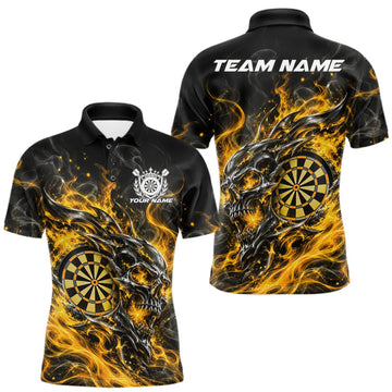 Maxcorners Custom Yellow Flame Skull Dart Jersey, Halloween Dart Team Men Polo Shirt LM1910