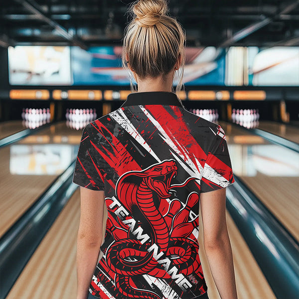 Maxcorners Custom Black And Red Cobra Snake Bowling Jerseys, Bowling Team Polo Shirts For Men LM1202