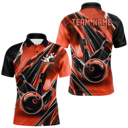 Maxcorners Custom Black And Orange Bowling Jerseys For Men, Bowling Team Polo Shirts With Name