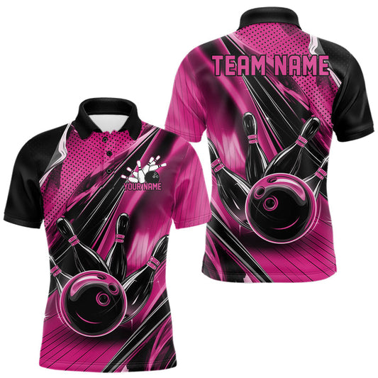 Maxcorners Custom Black And Pink Bowling Jerseys For Men, Bowling Team Polo Shirts With Name