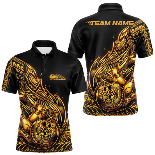 Maxcorners Custom Black And Gold Tribal Flame Bowling Men Polo Shirts, Polynesian Bowler Outfit
