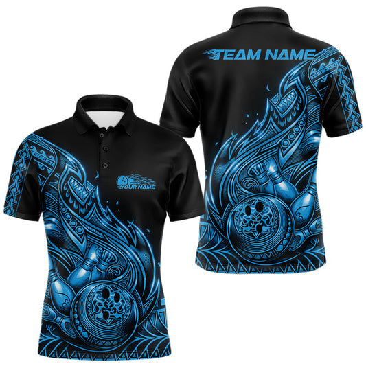 Maxcorners Custom Black And Blue Tribal Flame Bowling Men Polo Shirts, Polynesian Bowler Outfit