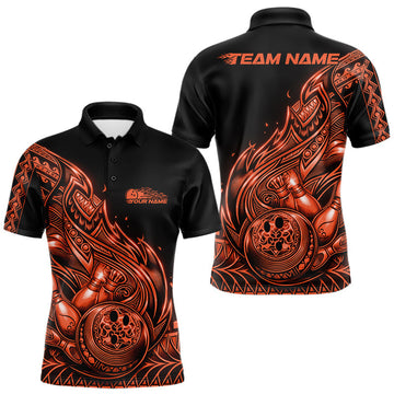Maxcorners Custom Black And Orange Tribal Flame Bowling Men Polo Shirts, Polynesian Bowler Outfit