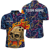 MaxCorners Bowling Ball And Pins Skull Fire Customized Name, Team Name 3D Stand Collar Zipper Polo Shirt