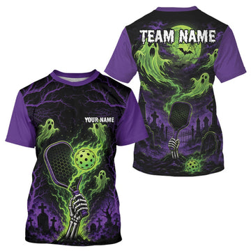 Maxcorners Custom Green And Purple Halloween Ghost Pickleball Team Men T-Shirts LM0609
