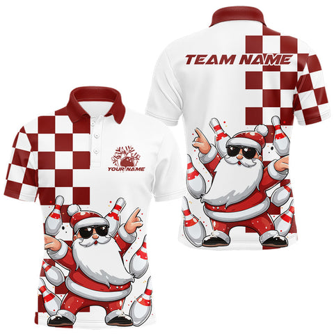 Maxcorners Custom Funny Santa Claus Red Plaid Christmas Bowling Men Polo Shirts, Xmas Bowling Team Shirt TU1011
