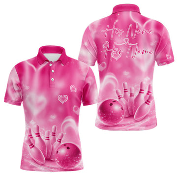 Maxcorners Custom Pink Valentine Bowling Couple Shirts, Pink Heart Theme Bowling Jerseys With His Name And Her Name LM1501