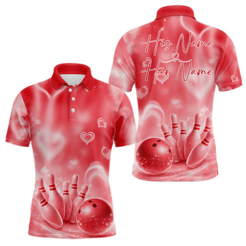 Maxcorners Custom Red Valentine Bowling Couple Shirts, Red Heart Theme Bowling Jerseys With His Name And Her Name LM1501