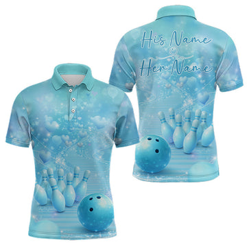 Maxcorners Custom Blue Valentine Bowling Shirts For Couple, Heart Theme Bowling Jerseys With His Name And Her Name LM1501
