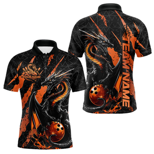 Maxcorners Custom Black And Orange Dragon Bowling Men Polo Shirts, Team Bowling Jerseys LM2602