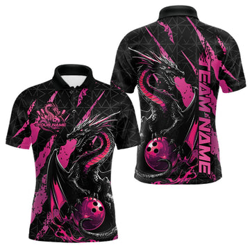 Maxcorners Custom Black And Pink Dragon Bowling Men Polo Shirts, Team Bowling Jerseys LM2602
