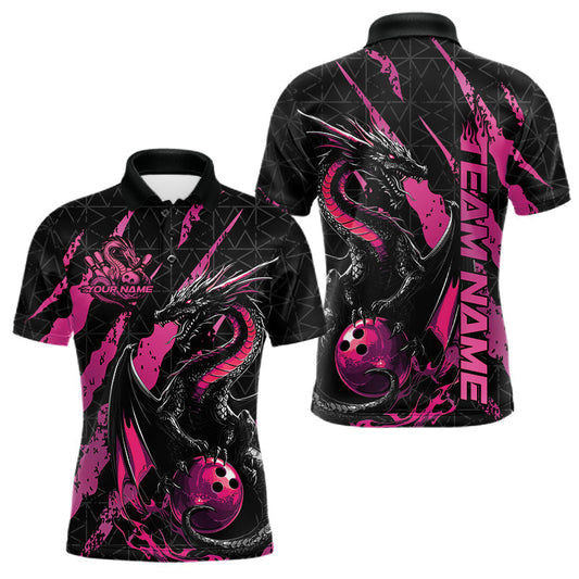 Maxcorners Custom Black And Pink Dragon Bowling Men Polo Shirts, Team Bowling Jerseys LM2602