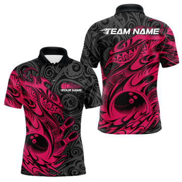 Maxcorners Custom Black And Pink Tribal Polynesian Bowling Team Men Shirts, Niho Mano Bowling Shirt LM2602