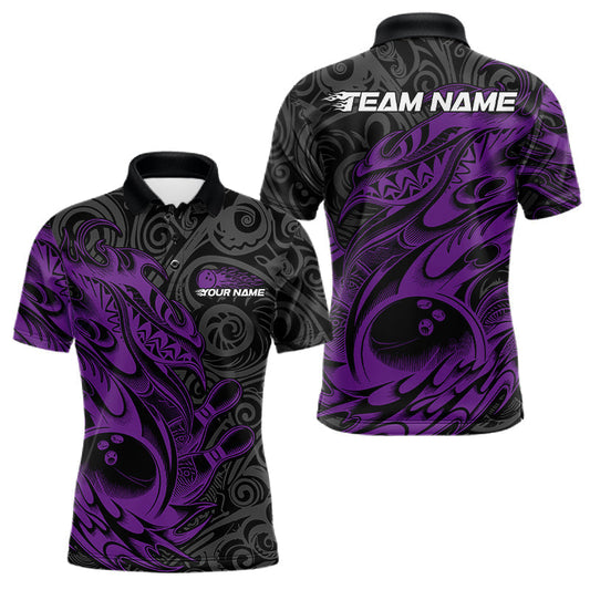 Maxcorners Custom Black And Purple Tribal Polynesian Bowling Team Men Shirts, Niho Mano Bowling Shirt LM2602