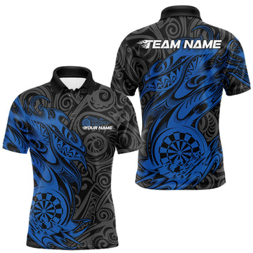 Maxcorners Custom Black And Blue Tribal Polynesian Dart Team Men Shirts, Niho Mano Dart Shirt LM2602