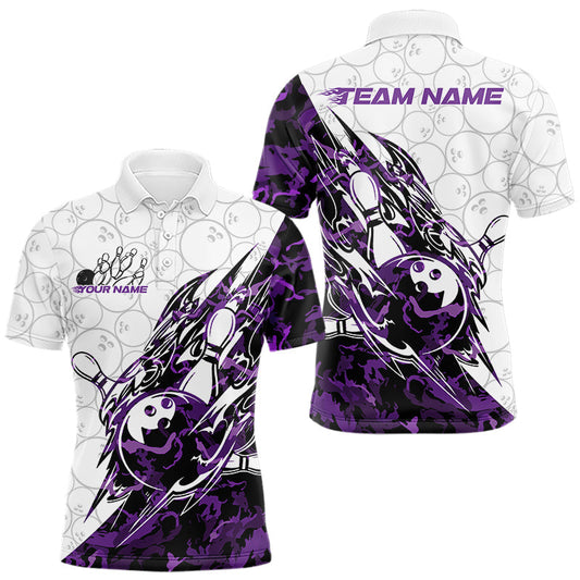 Maxcorners Custom Purple Camo Bowling Men Polo Shirt, Bowling Ball Pattern Team Jerseys
