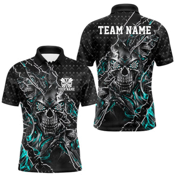 Maxcorners Custom Black And Turquoise Skull Dart Men Polo Shirt, Dart Pattern Halloween Dart Jersey LM1910