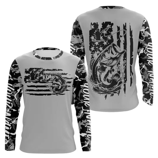 Maxcorners Gray Camo US Flag Custom Patriotic Largemouth Bass Long Sleeve Tournament Fishing Shirt LM0201