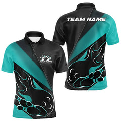 Maxcorners Custom Black And Turquoise Blue Flame Bowling Men Polo Shirt, Team Bowling League Shirt