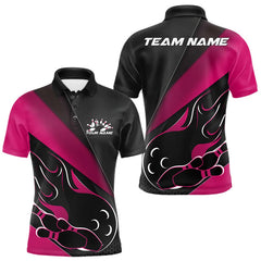 Maxcorners Custom Black And Pink Flame Bowling Men Polo Shirt, Team Bowling League Shirt