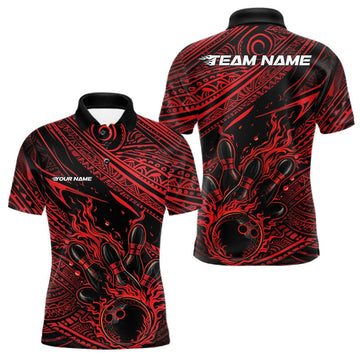 Maxcorners Custom Black And Red Tribal Flame Bowling Ball Bowling Team Shirts, Polynesian Bowling Tournament Shirt LM1501