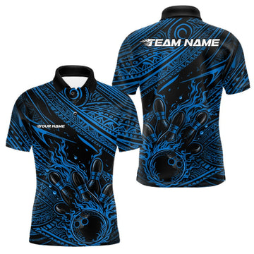 Maxcorners Custom Black And Blue Tribal Flame Bowling Ball Bowling Team Shirts, Polynesian Bowling Tournament Shirt LM1501