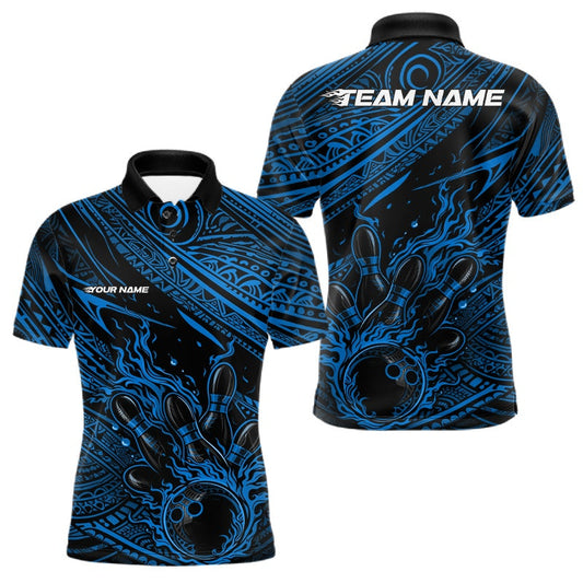Maxcorners Custom Black And Blue Tribal Flame Bowling Ball Bowling Team Shirts, Polynesian Bowling Tournament Shirt LM1501