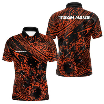 Maxcorners Custom Black And Orange Tribal Flame Bowling Ball Bowling Team Shirts, Polynesian Bowling Tournament Shirt LM1501