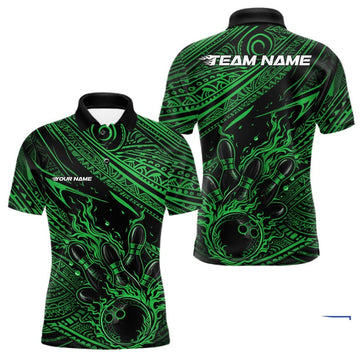 Maxcorners Custom Black And Green Tribal Flame Bowling Ball Bowling Team Shirts, Polynesian Bowling Tournament Shirt LM1501