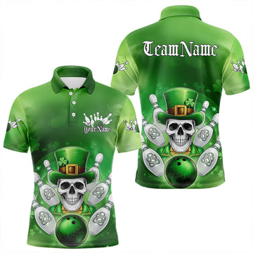 Maxcorners Custom Celtic St Patricks Day Bowling Polo Team Shirts For Men, Shamprock Skull Bowling Shirt