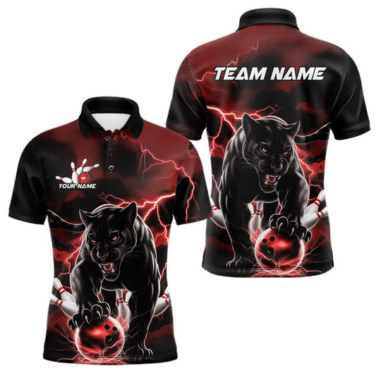 Maxcorners Red Thunder Lightning Custom Panther Men Bowling Polo Shirts, Panther Bowling Jerseys LM2602