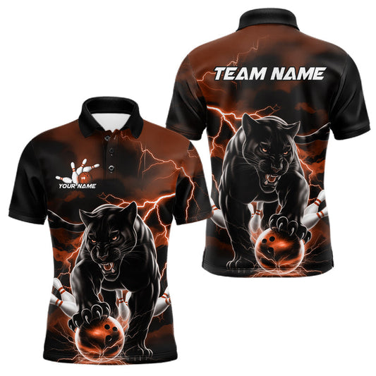 Maxcorners Orange Thunder Lightning Custom Panther Men Bowling Polo Shirts, Panther Bowling Jerseys LM2602