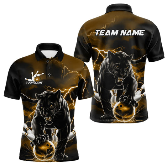 Maxcorners Yellow Thunder Lightning Custom Panther Men Bowling Polo Shirts, Panther Bowling Jerseys LM2602